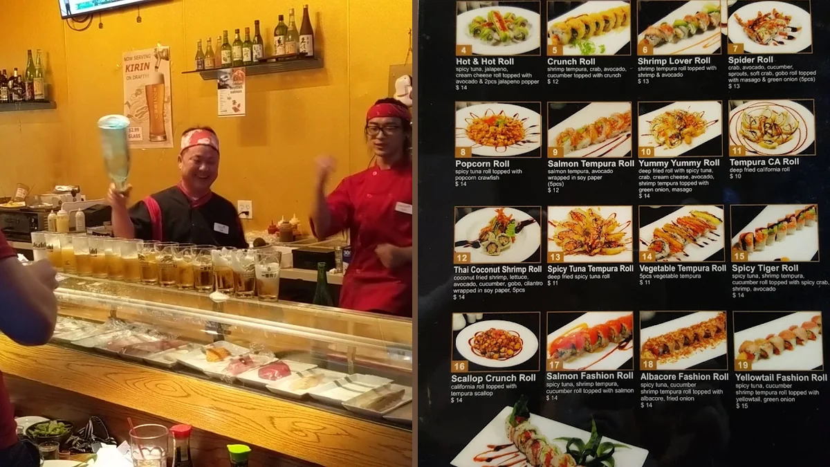 Plates of Japanese entrees in a strip mall eatery.