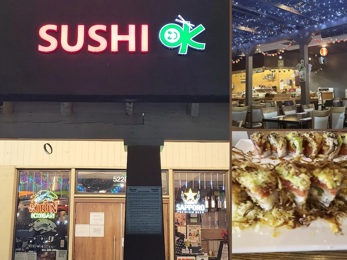A sushi counter with bar seating nearby.