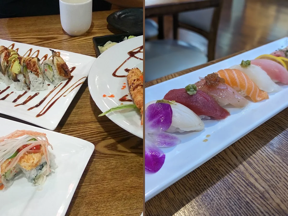 Sushi rolls on a casual restaurant table.