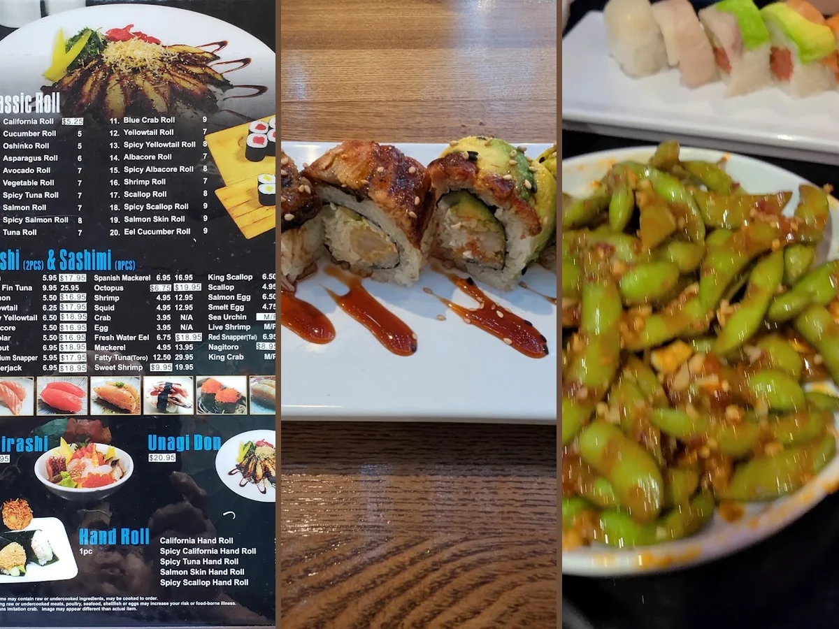 A sushi counter with bar seating nearby.
