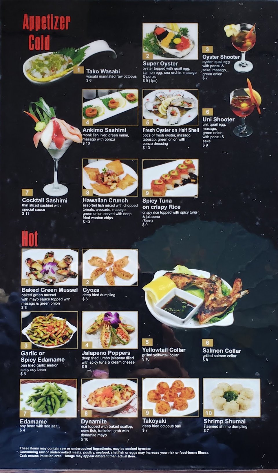 Menu page for sushi rolls and Japanese entrees.