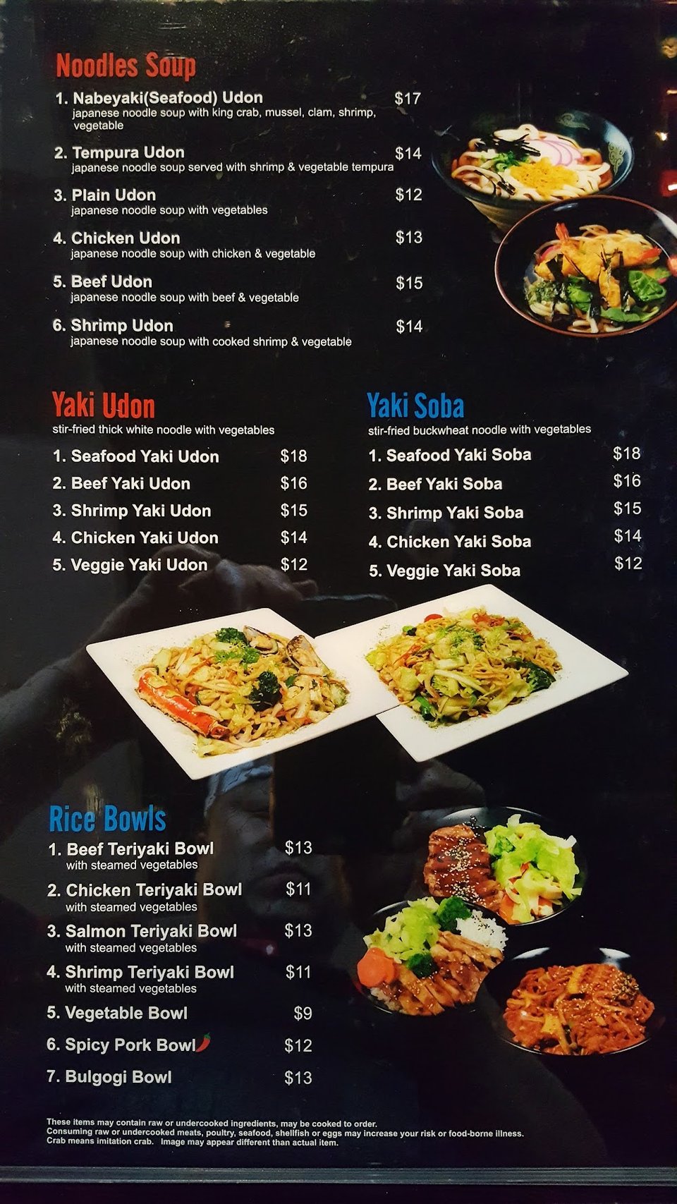 Printed menu with tempura roll options.